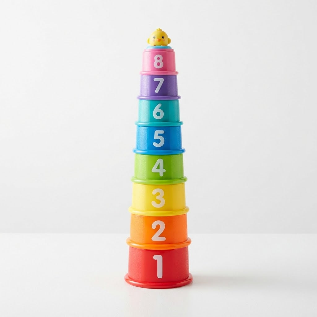 Colorful stacking cups built into a tall tower