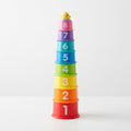 Colorful stacking cups built into a tall tower