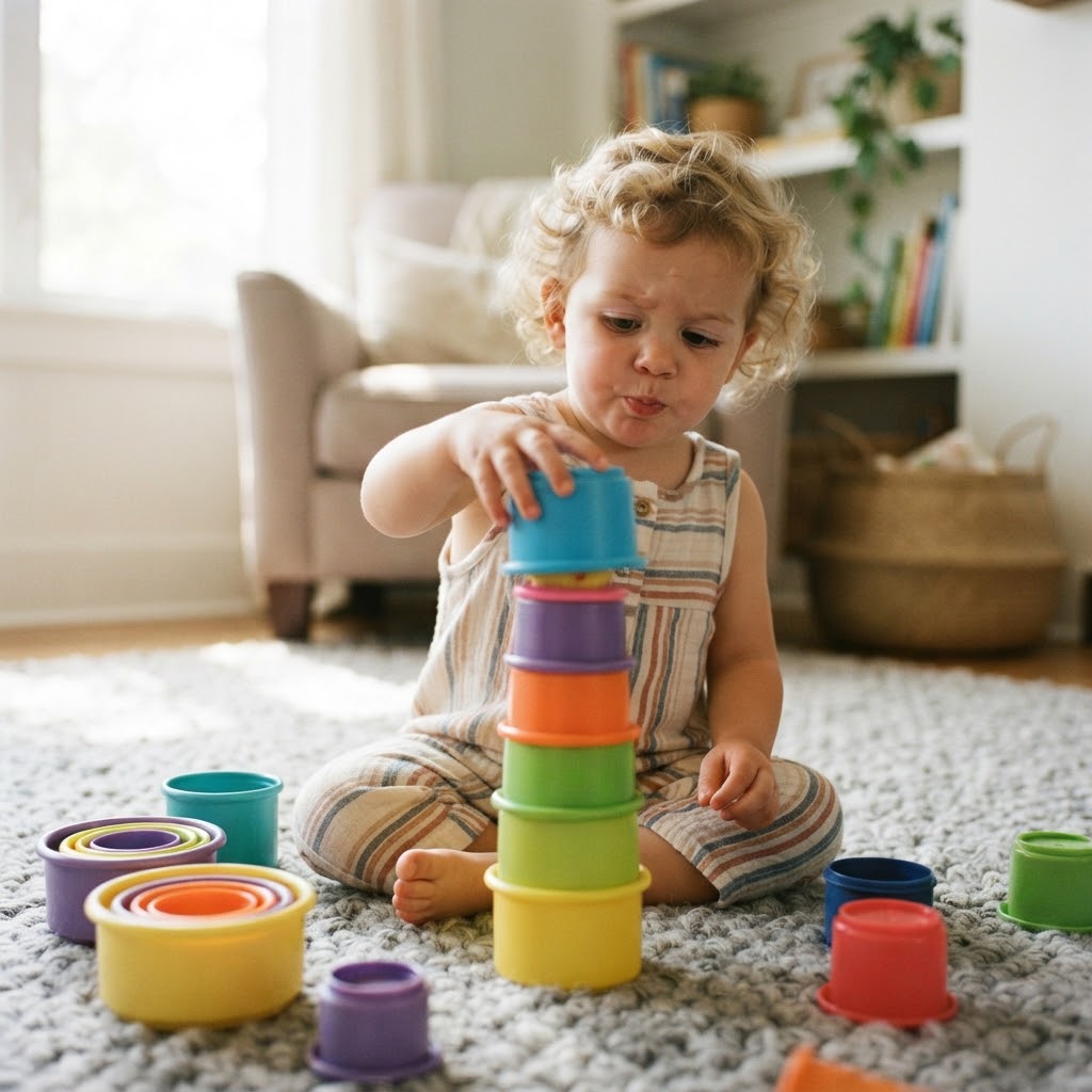 Toddler stacking colorful cups on a rug