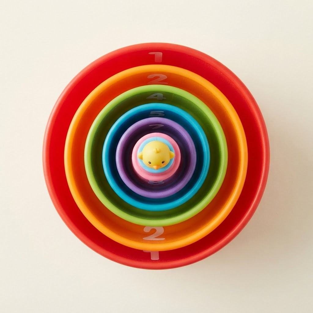 Eight numbered stacking cups arranged in a spiral