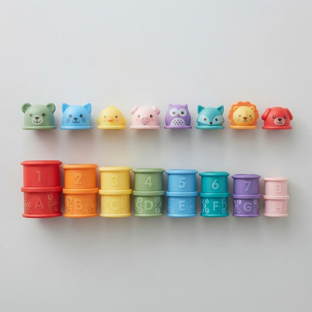 Complete toddler stacking cup set laid out
