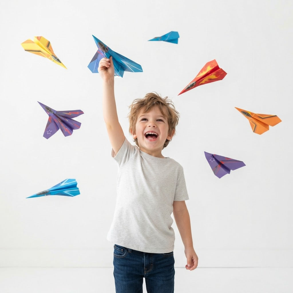 Boy on grass surrounded by folded paper planes