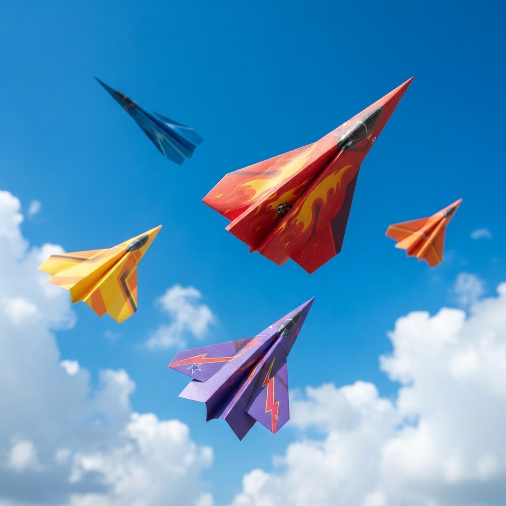 Paper fighter jets flying against a blue sky