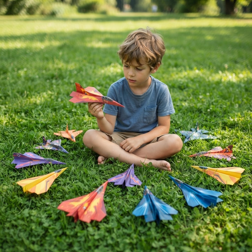 Boy holding a paper fighter jet with planes in the air