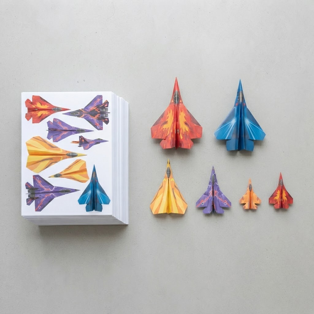 Printed paper fighter jets spread in a fan