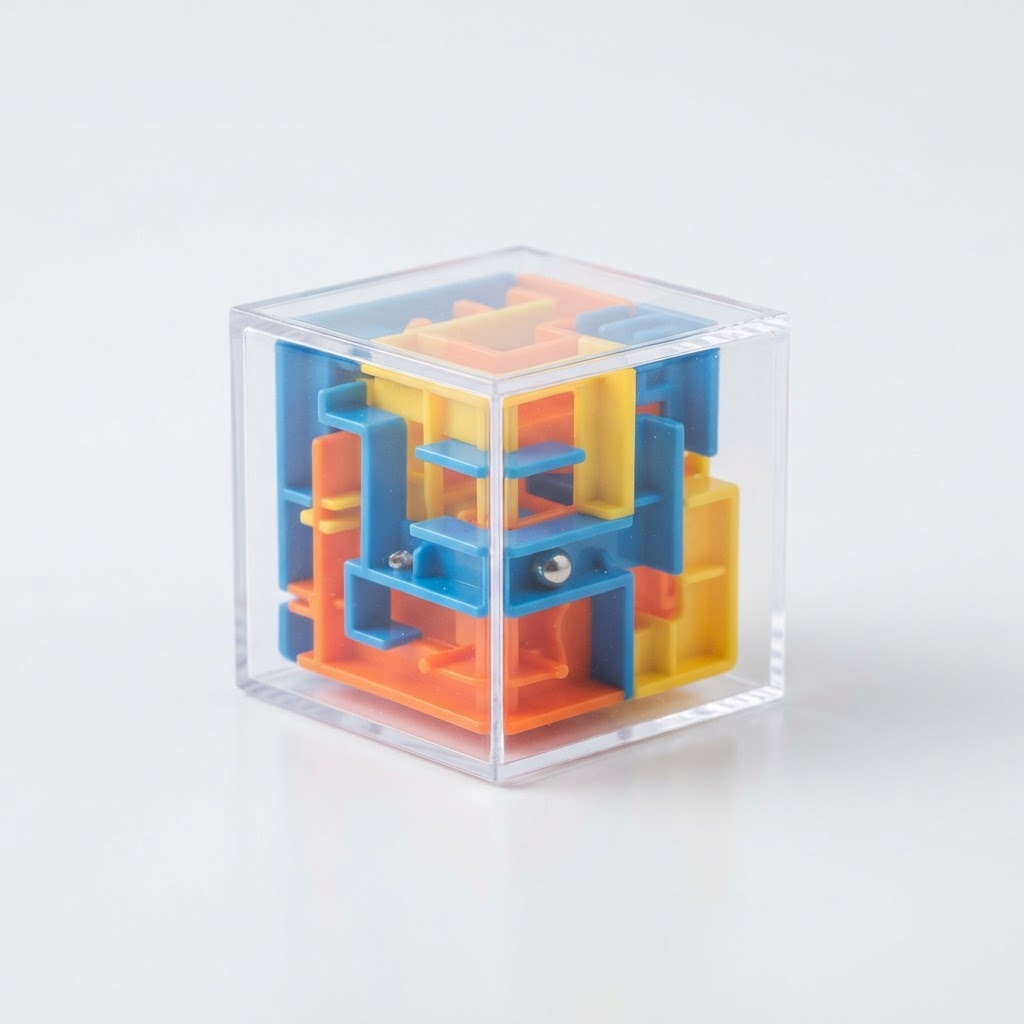 Transparent 3D maze cube with colorful internal maze