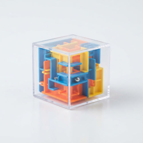 Transparent 3D maze cube with colorful internal maze