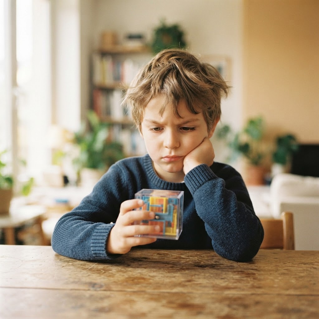 Boy concentrating on a 3D maze cube