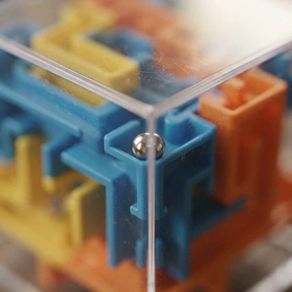 Close up of the maze channels and steel ball