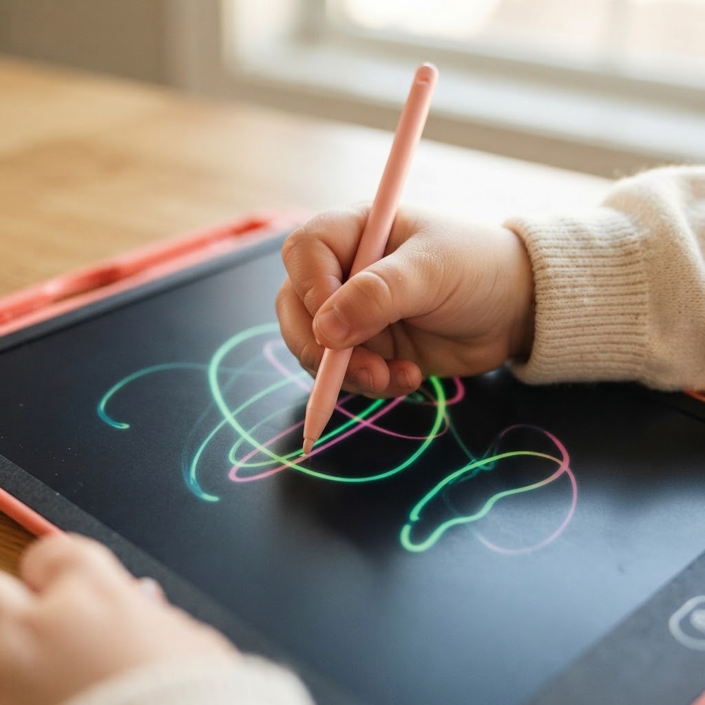 Child drawing a neon line with the stylus