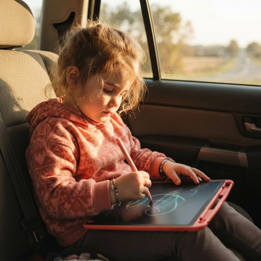 Girl drawing on an LCD tablet in a car