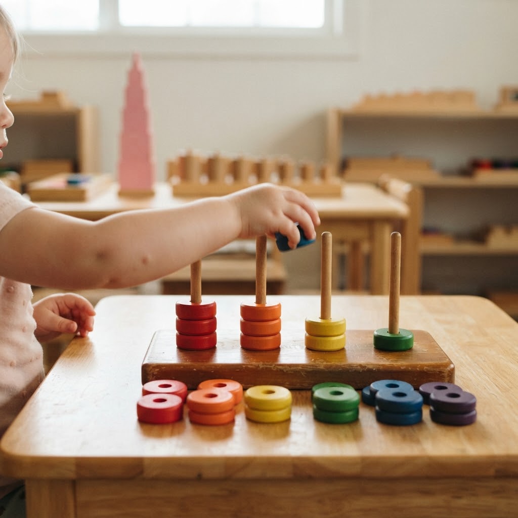 Boy threading a wooden ring onto a stick