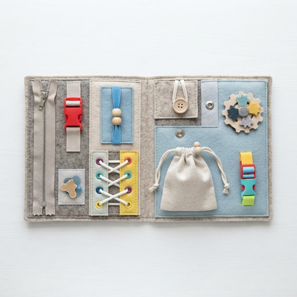 Felt sensory busy board open showing zips buckles and laces