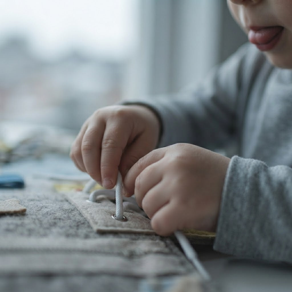Toddler hands practising a shoelace on a busy board