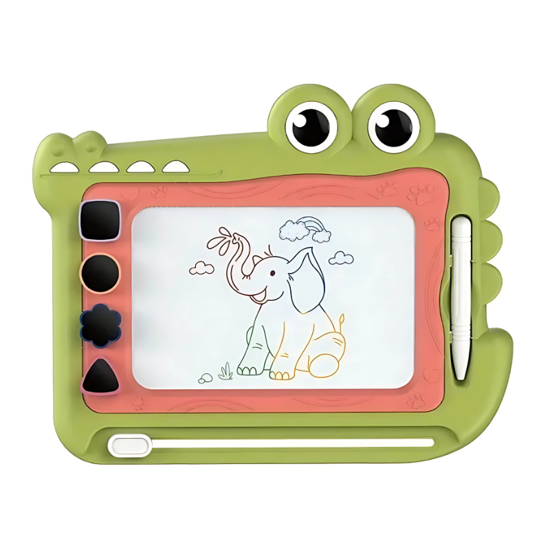 Green crocodile magnetic drawing board in use