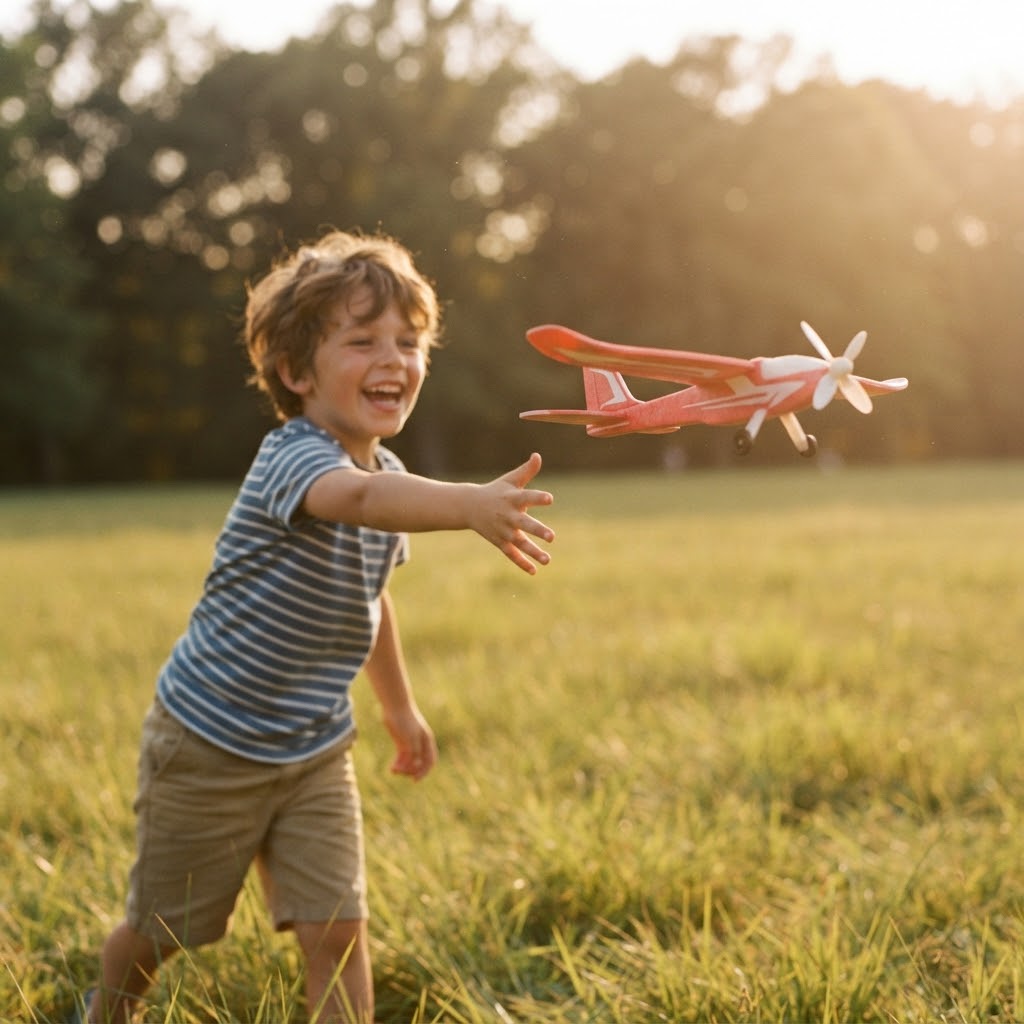 Boy launching a foam glider plane in a park