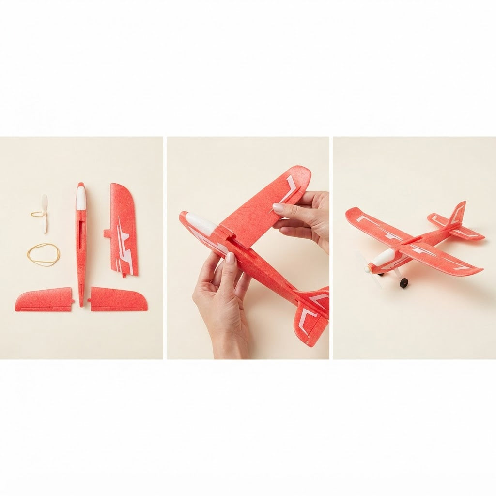Three stages of assembling a foam glider plane
