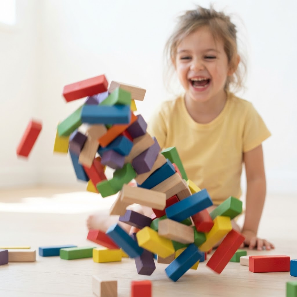 Tower of wooden blocks collapsing as a girl laughs