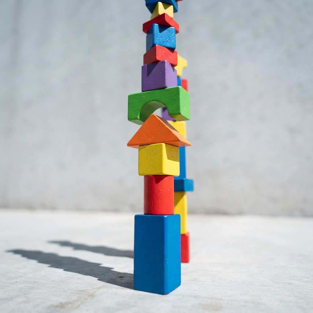 Wooden geometric blocks stacked into a tower