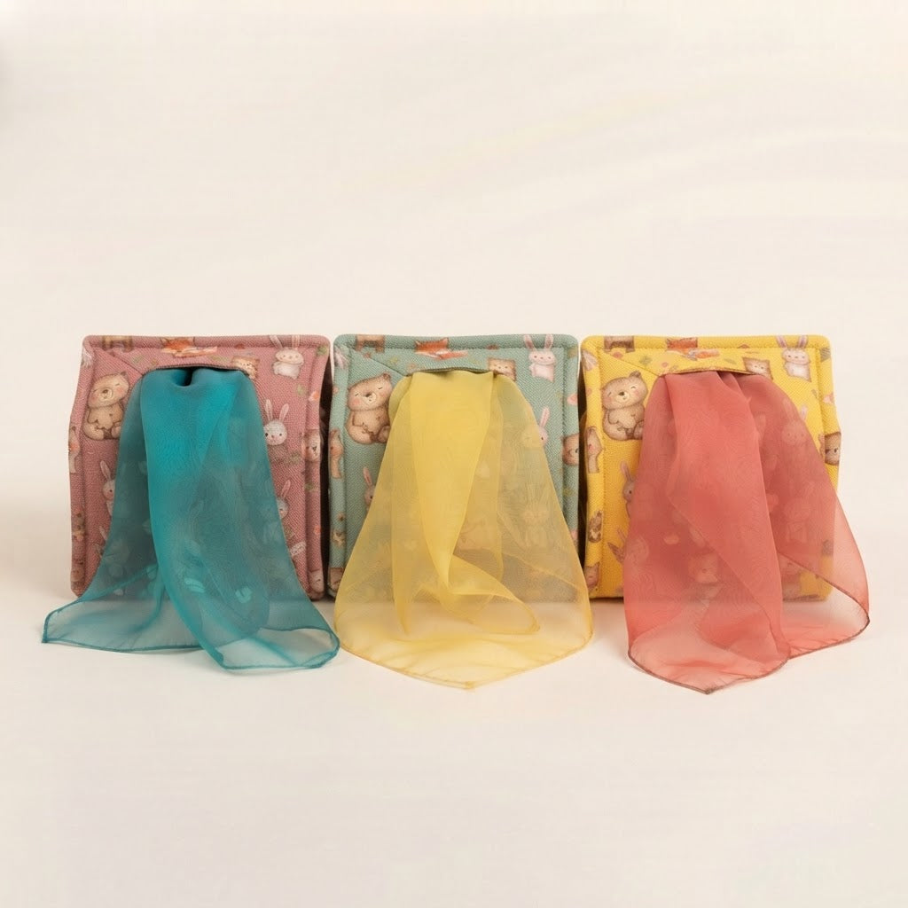 Three magic tissue boxes in pink green and yellow