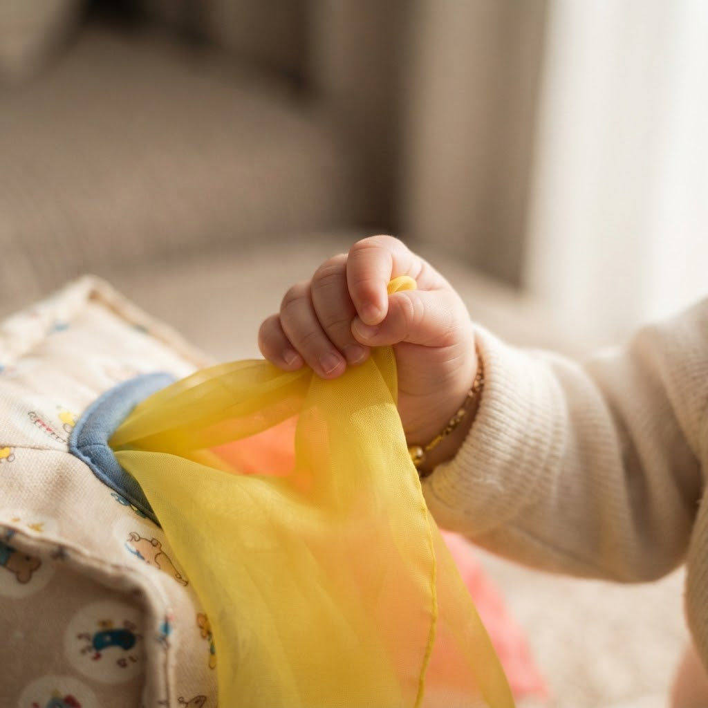 Baby hand pulling a yellow scarf from the tissue box