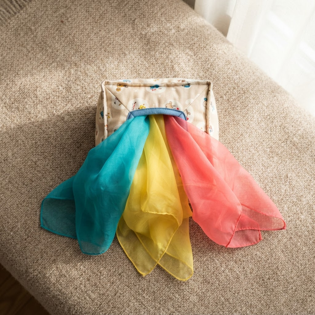 Baby playing with a magic tissue box on a rug