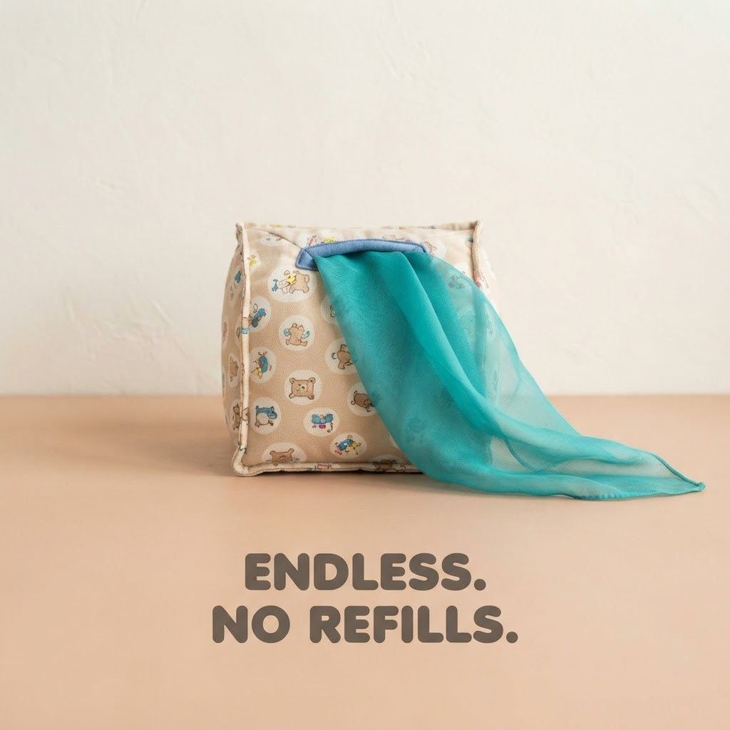 Magic tissue box with a scarf draped over the side