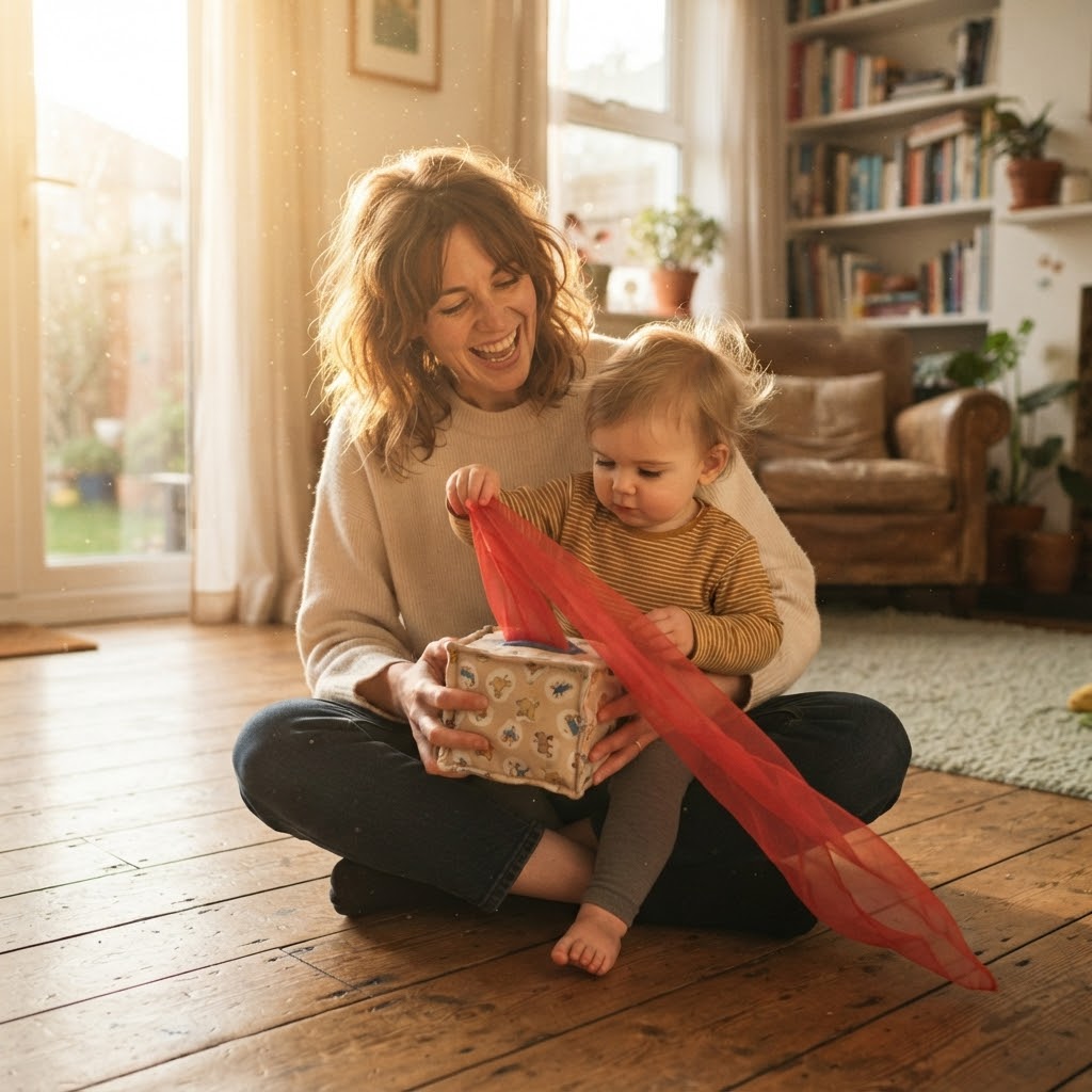 Mother and toddler playing with the magic tissue box
