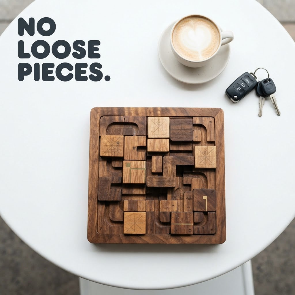 Wooden hand-held puzzle board on a cafe table