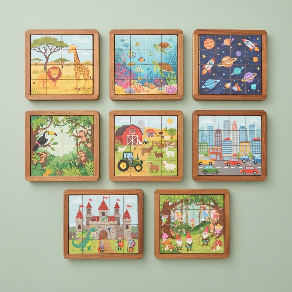 All eight themes of the wooden hand-held puzzle board
