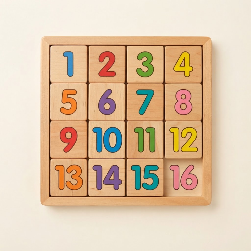 Child finger sliding a wooden puzzle piece close up