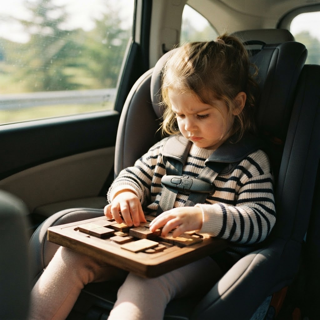 Girl playing with a wooden puzzle board in a car seat