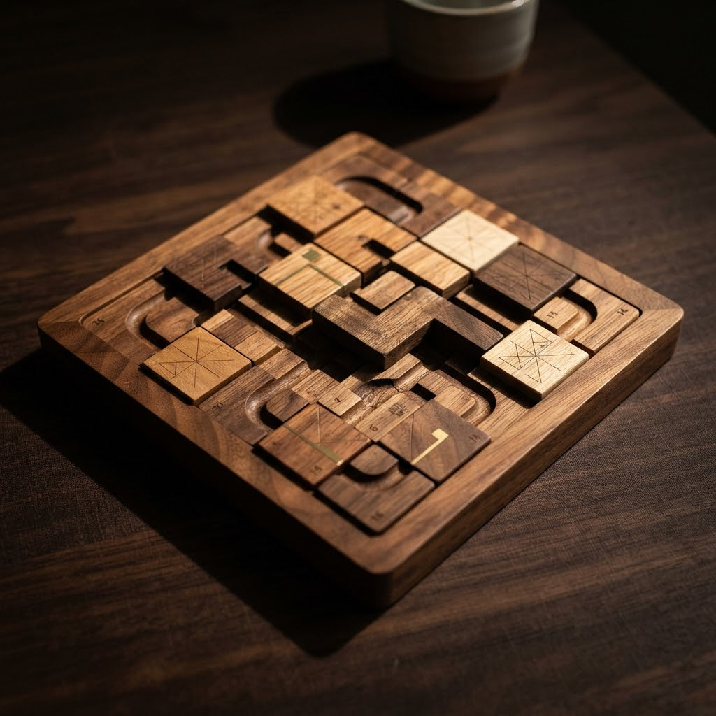 Wooden hand-held puzzle board with sliding pieces