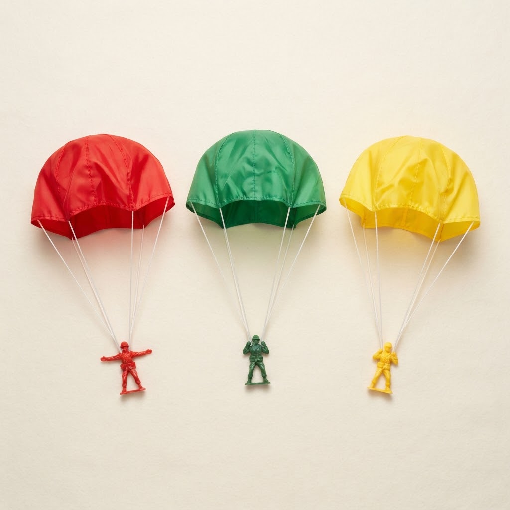 Three toy parachutes in red green and yellow