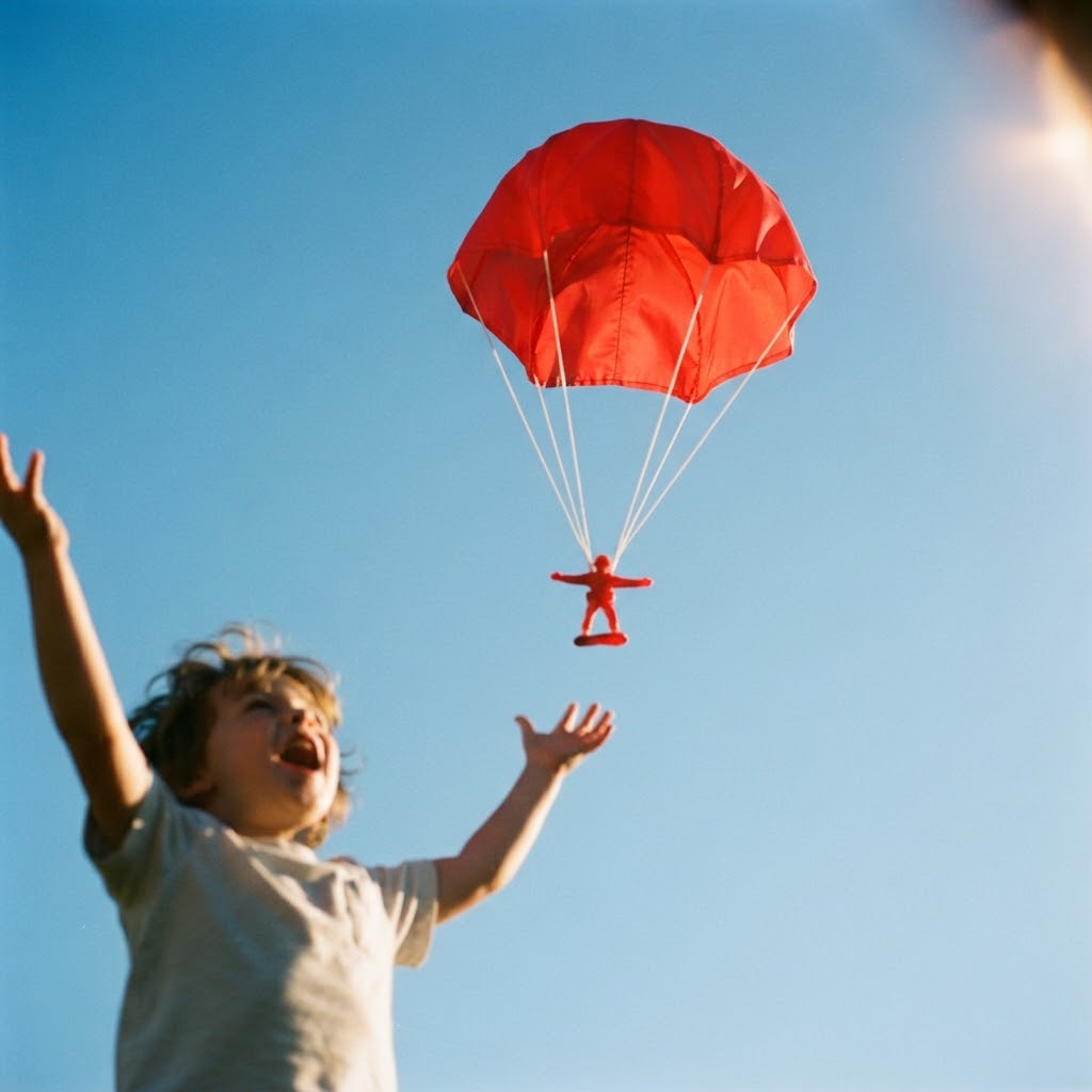 Toy parachute floating down against a blue sky