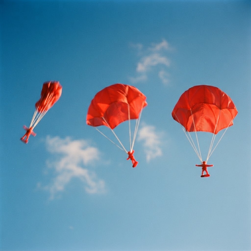 Toy parachute opening in three stages of one throw