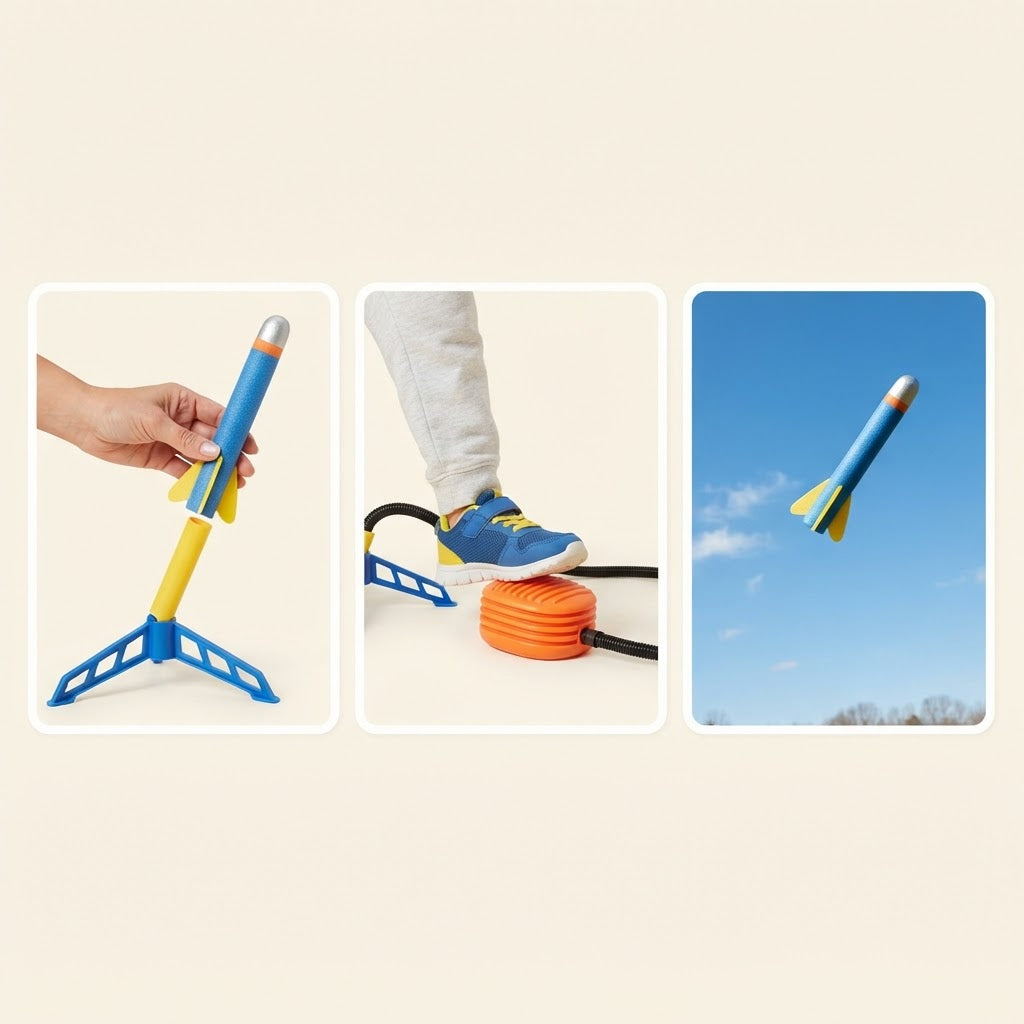 Three steps of using the stomp rocket launcher