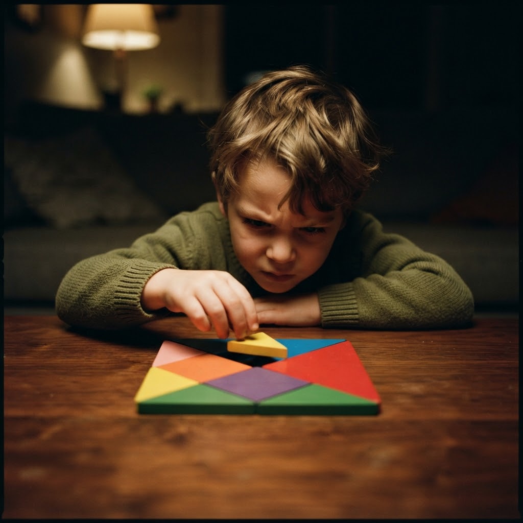 Boy concentrating on a tangram puzzle