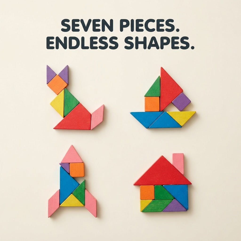 Four tangram figures built from seven pieces