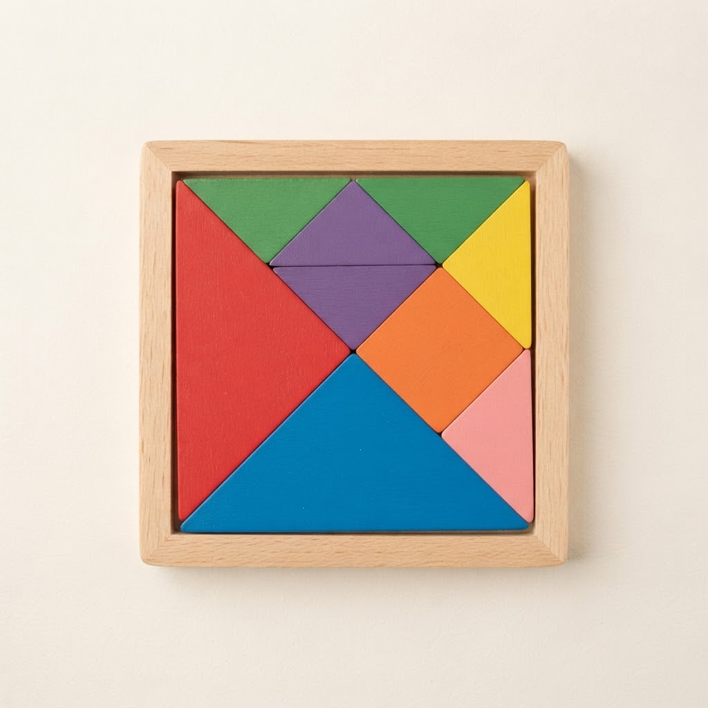 Grandfather and girl solving a tangram together