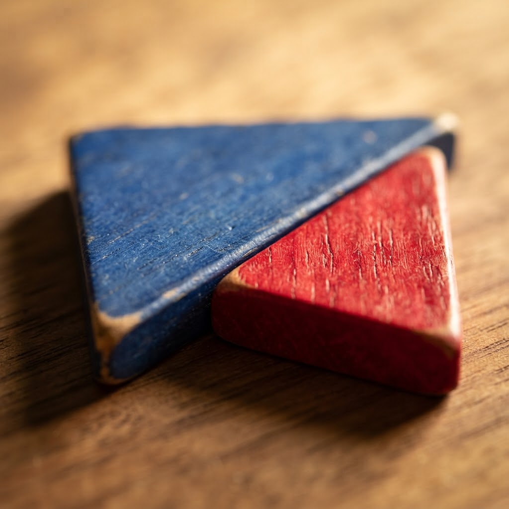 Close up of painted wooden tangram pieces