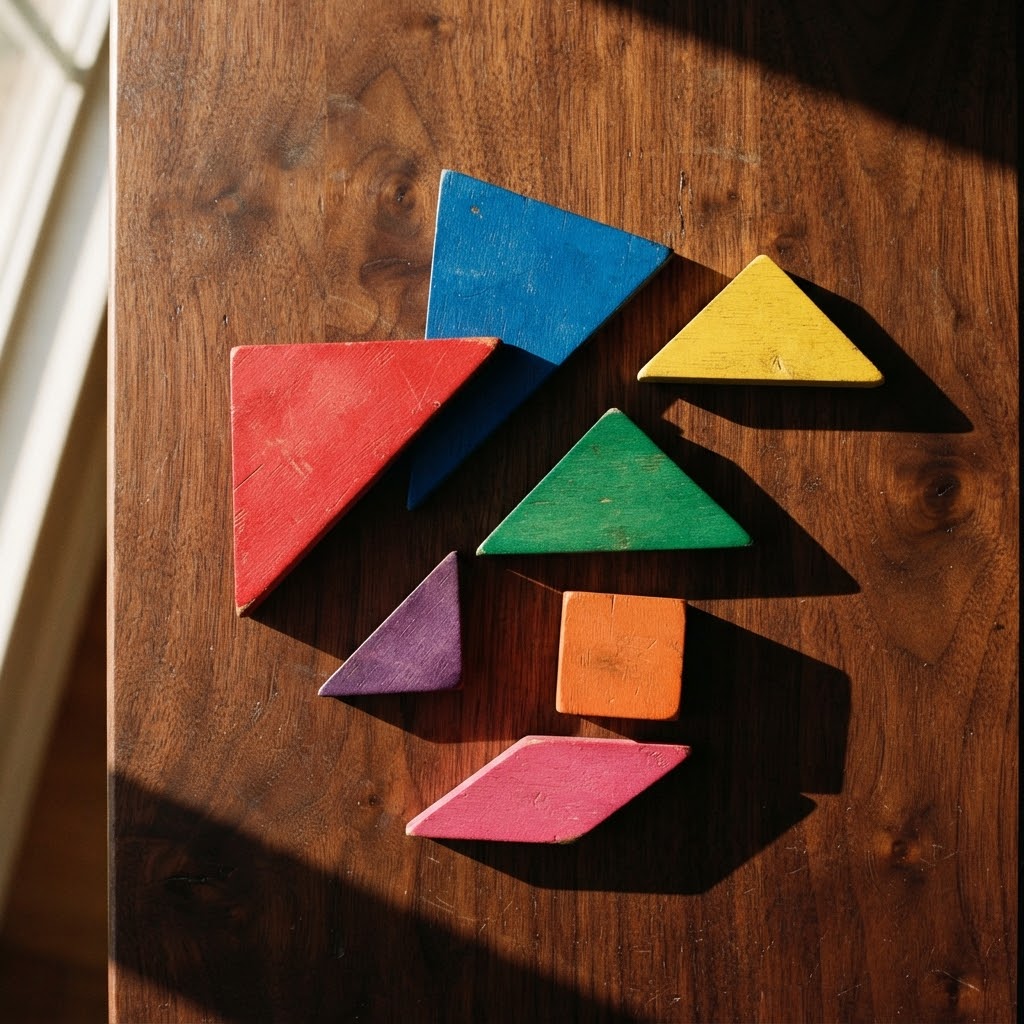 Wooden tangram pieces scattered on a dark table