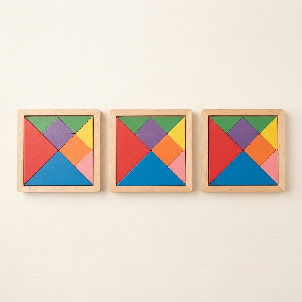Three wooden tangram puzzle sets