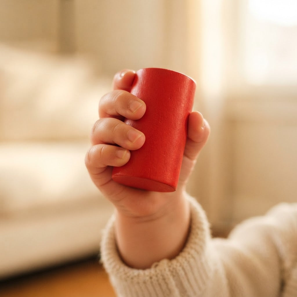 Toddler hand holding a red wooden cylinder