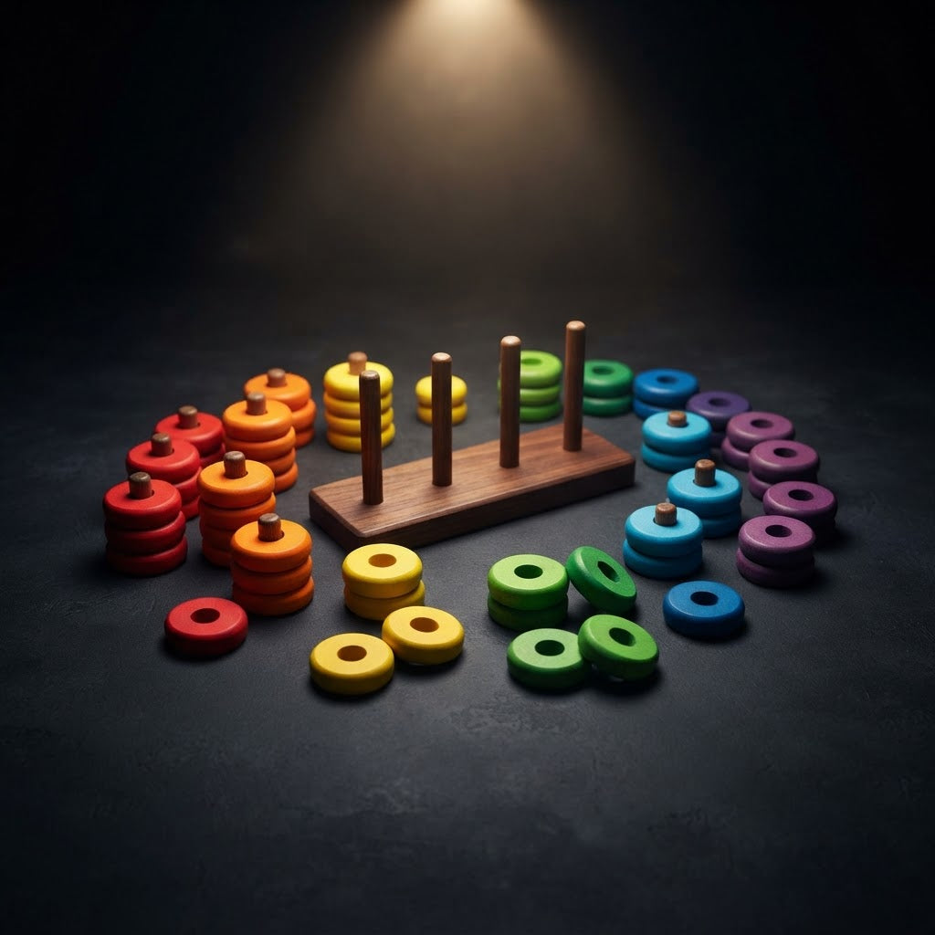 Wooden color sorting set on a dark surface