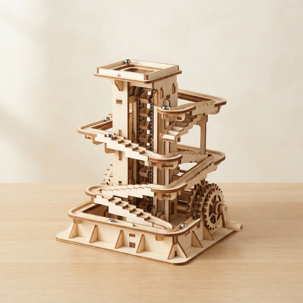 Wooden marble run climb model assembled