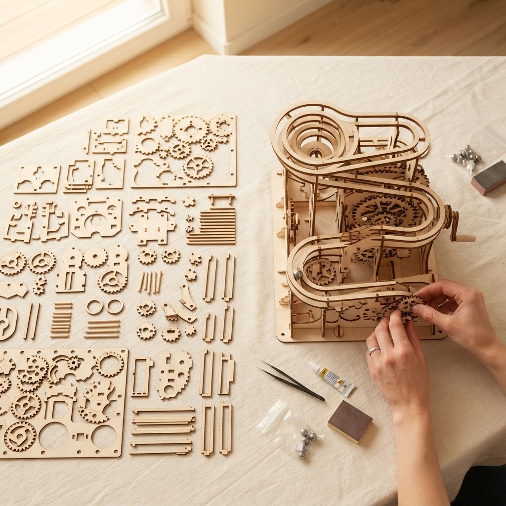Wooden marble run kit pieces before assembly