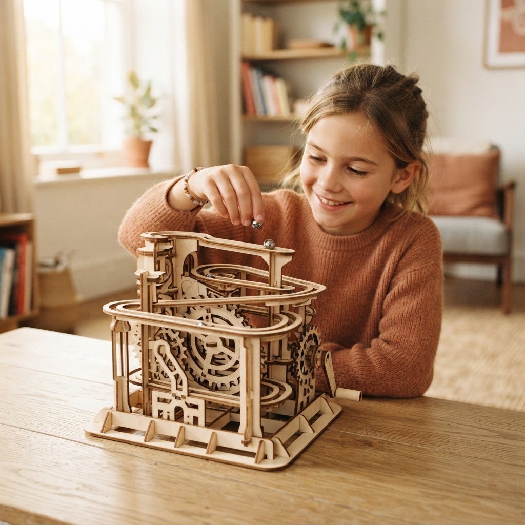 Child playing with assembled wooden marble run
