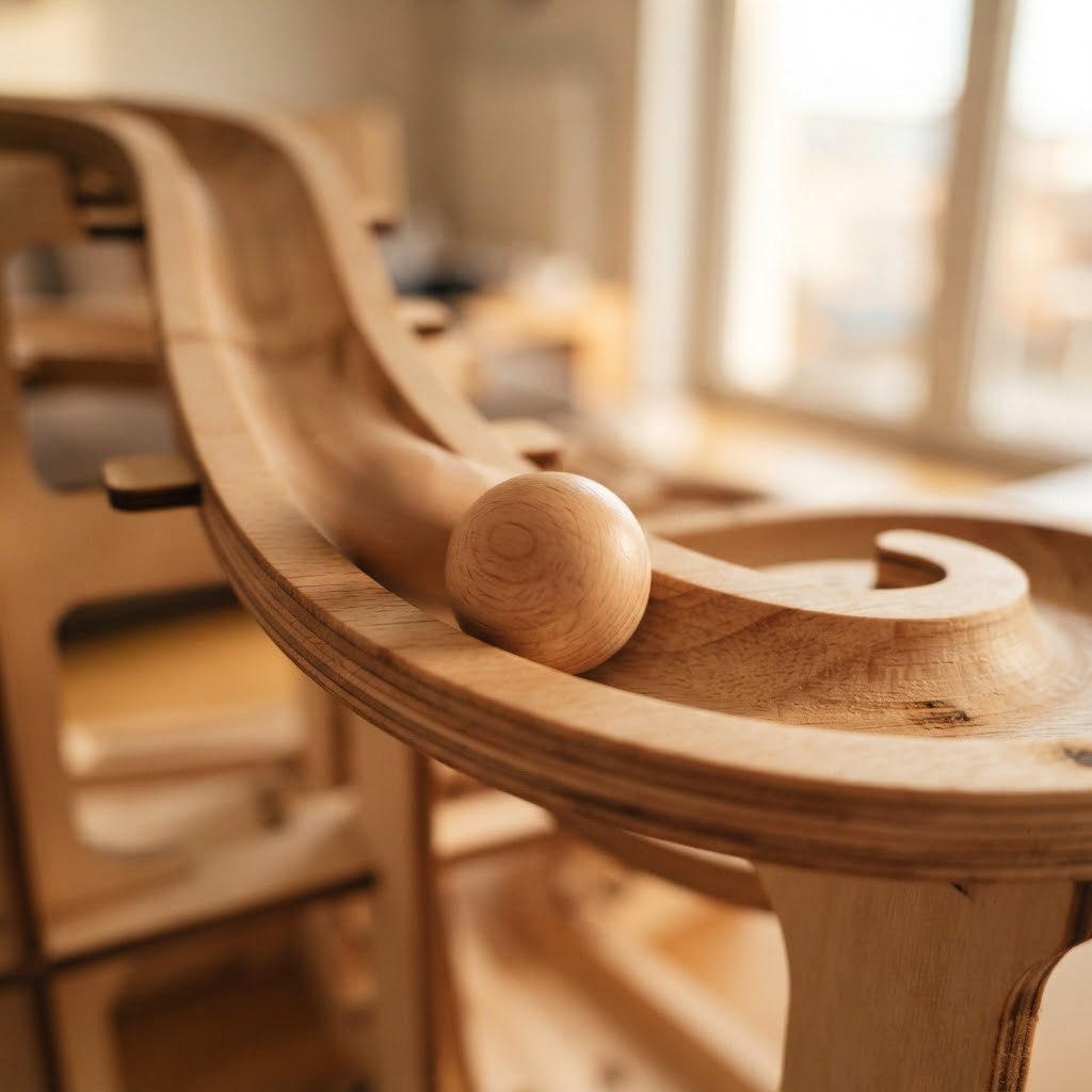 Marble rolling down wooden marble run track