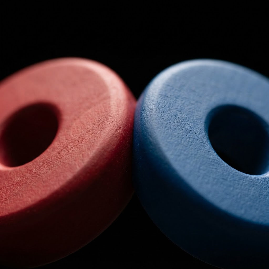 Wooden rings arranged in a color gradient